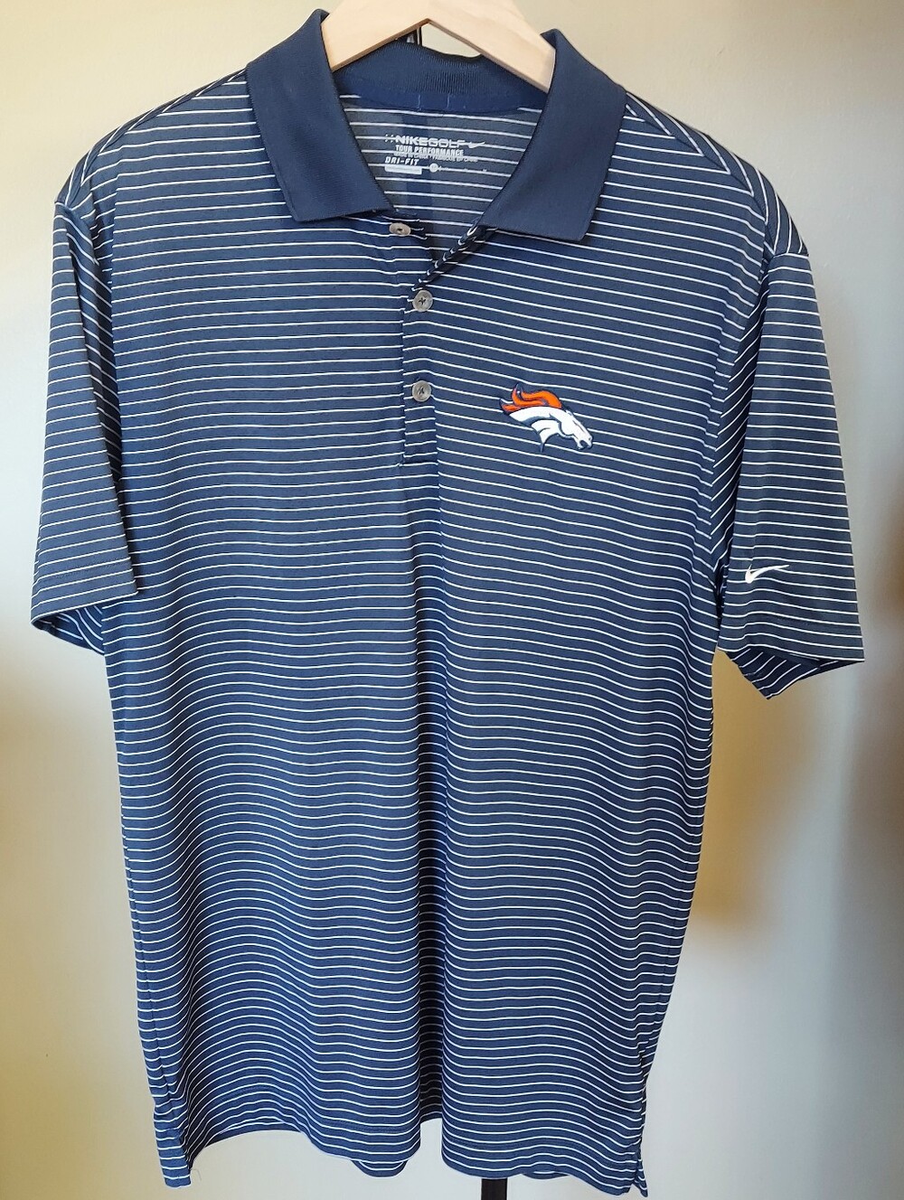 Nike Golf Tour Performance Denver Bronco Men's Navy & White Striped Polo Sz M